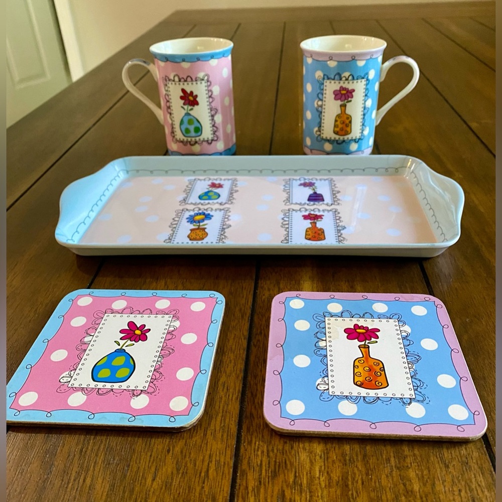 NWOT “Set of Pastel Pink / Light Blue Mugs, Tray & 2 Coasters”